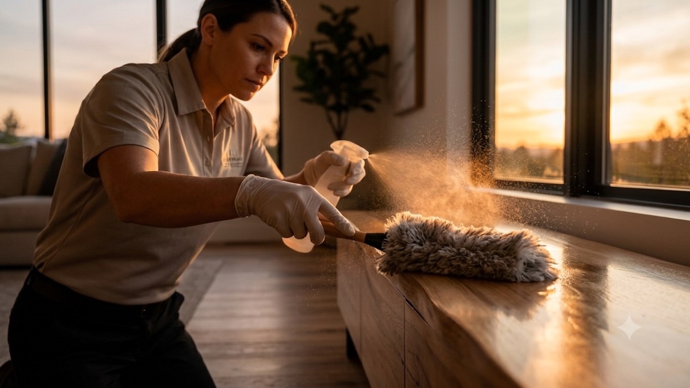 SanSal Home Solutions team member dusting a living room console at golden hour