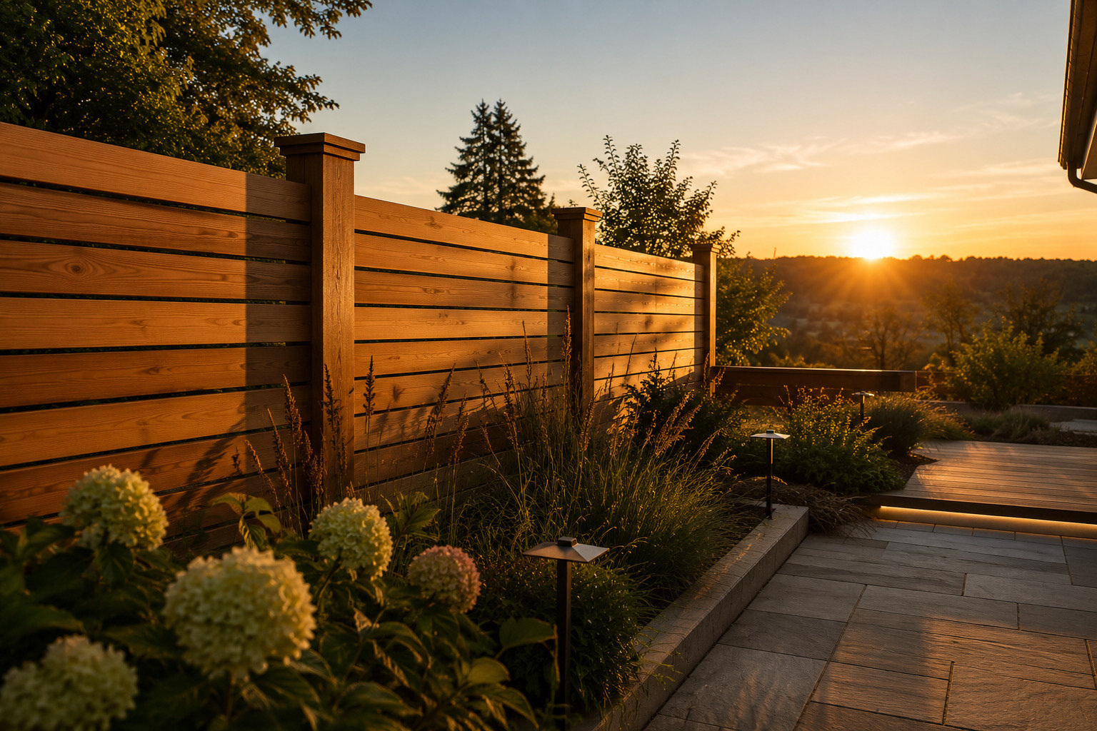 Horizontal wood privacy fence installation at golden hour by SanSal Home Solutions