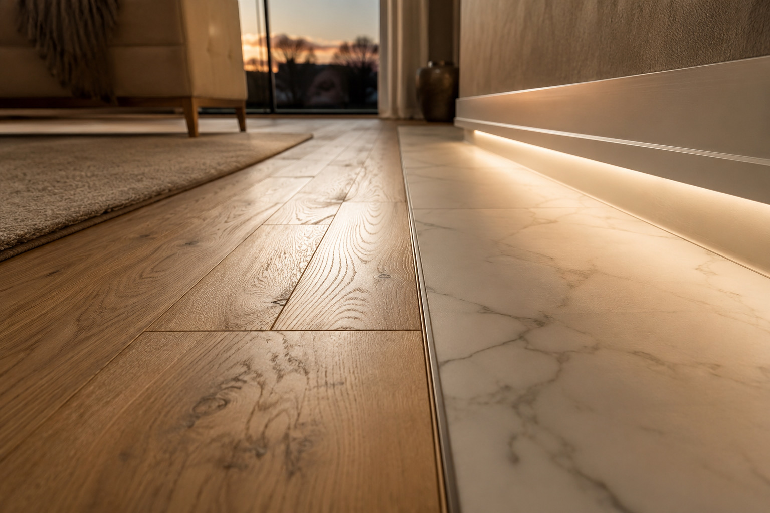 Hardwood to tile flooring transition with accent lighting by SanSal Home Solutions