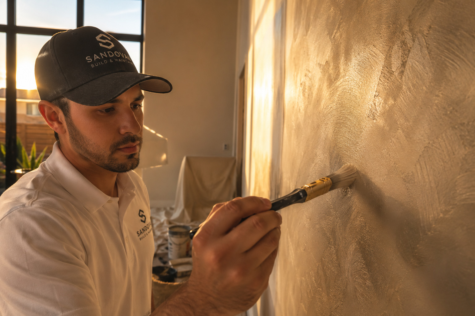 SanSal Home Solutions painter applying a textured wall finish