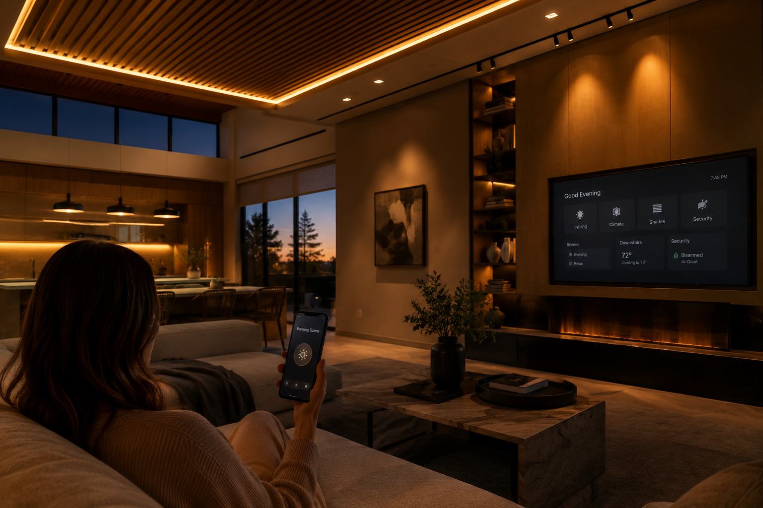 Whole-home automation dashboard and smart lighting controlled from a phone, installed by SanSal Home Solutions